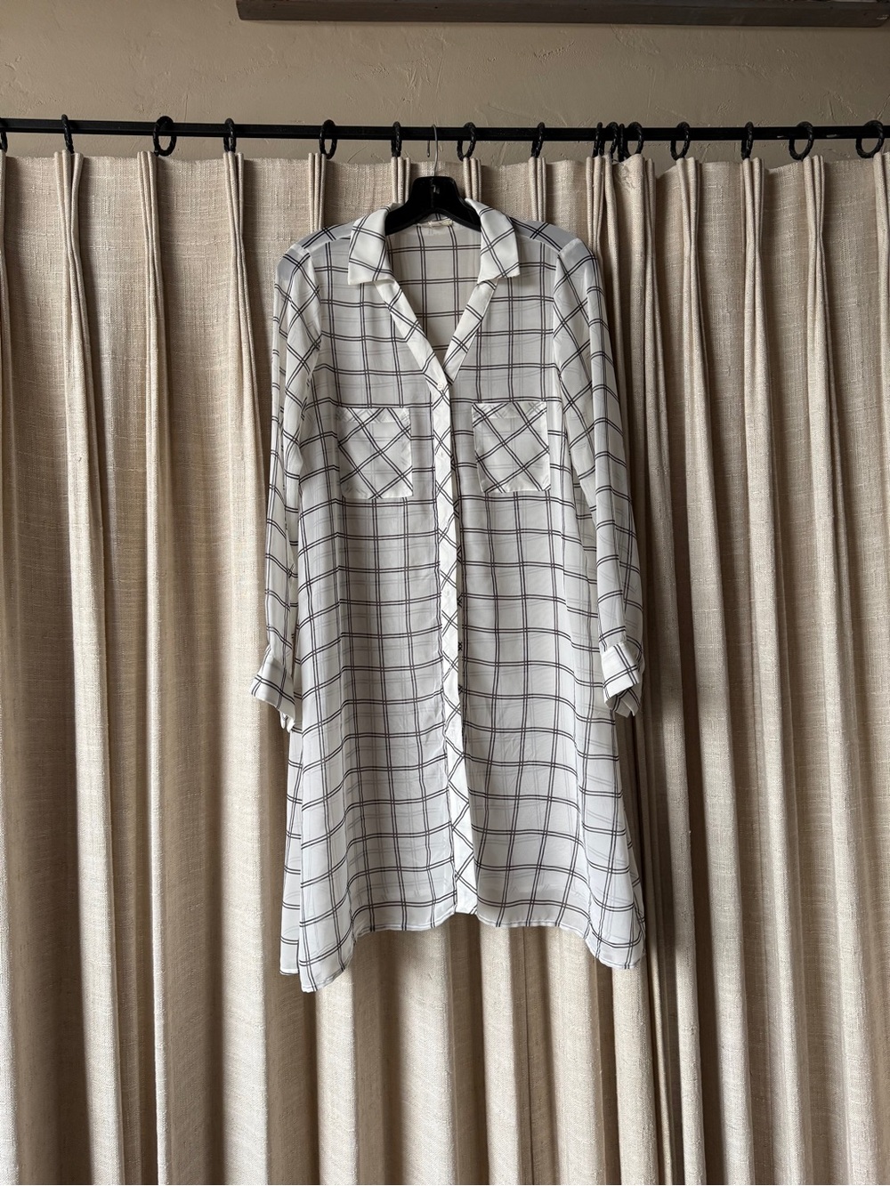 Pleione Cream and Black Plaid Button-Front Blouse, light weight, size M